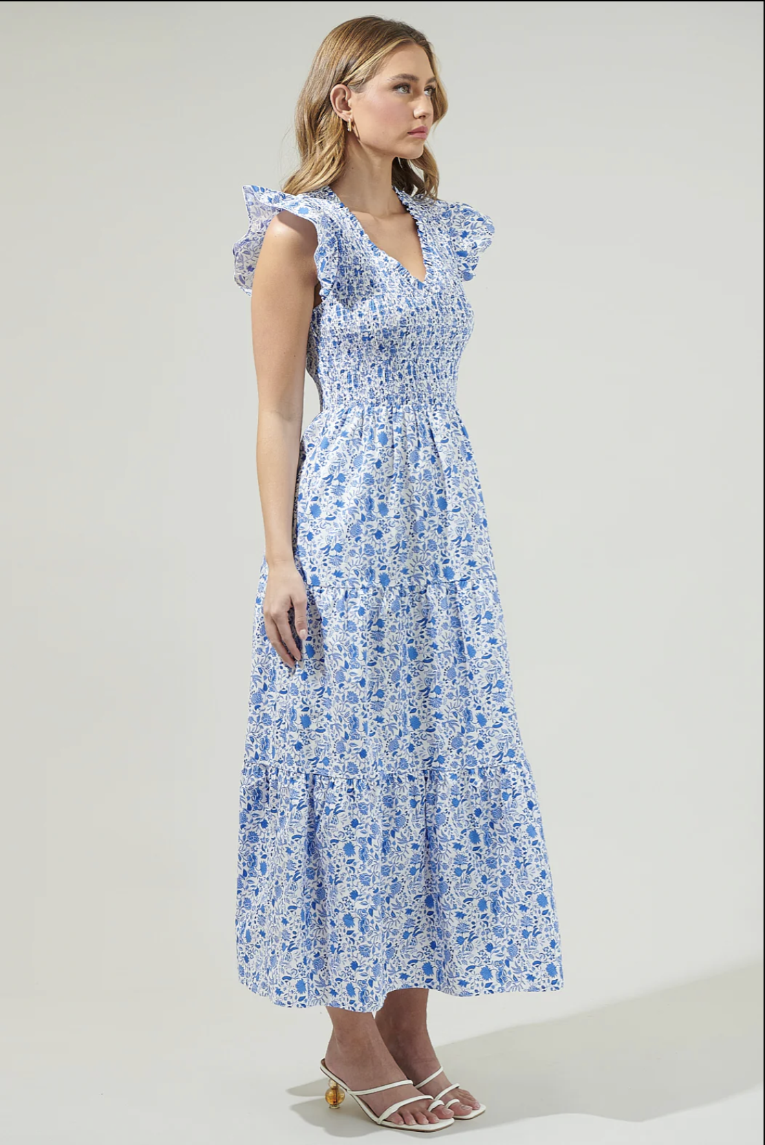 SUNFIRE SMOCKED TIERED MIDI DRESS