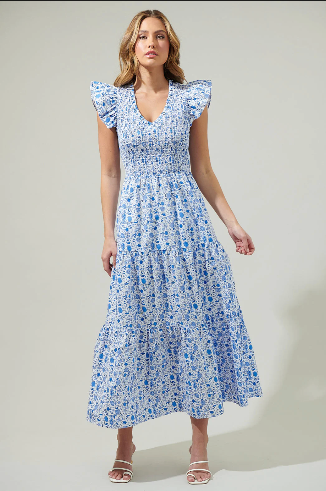 SUNFIRE SMOCKED TIERED MIDI DRESS