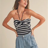 STRIPE KNOT FRONT HALTER TOP