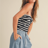 STRIPE KNOT FRONT HALTER TOP