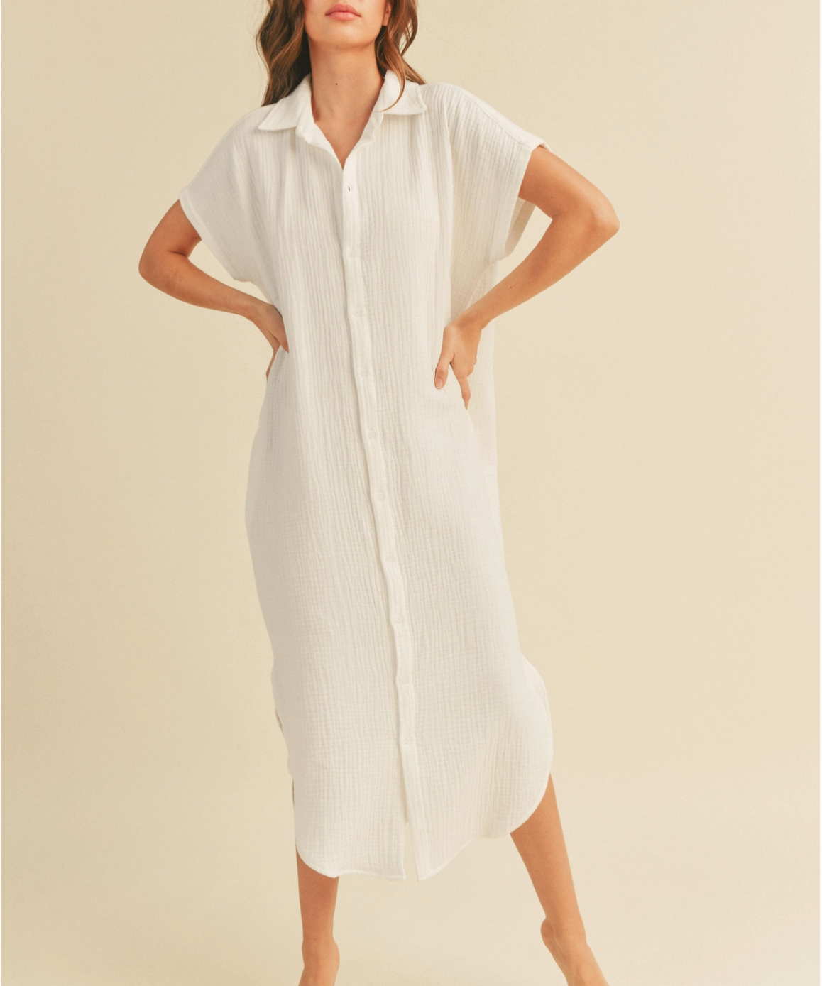 GAUZE LONG BUTTON DOWN SHIRT DRESS