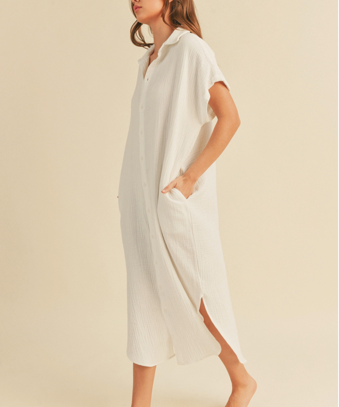 GAUZE LONG BUTTON DOWN SHIRT DRESS