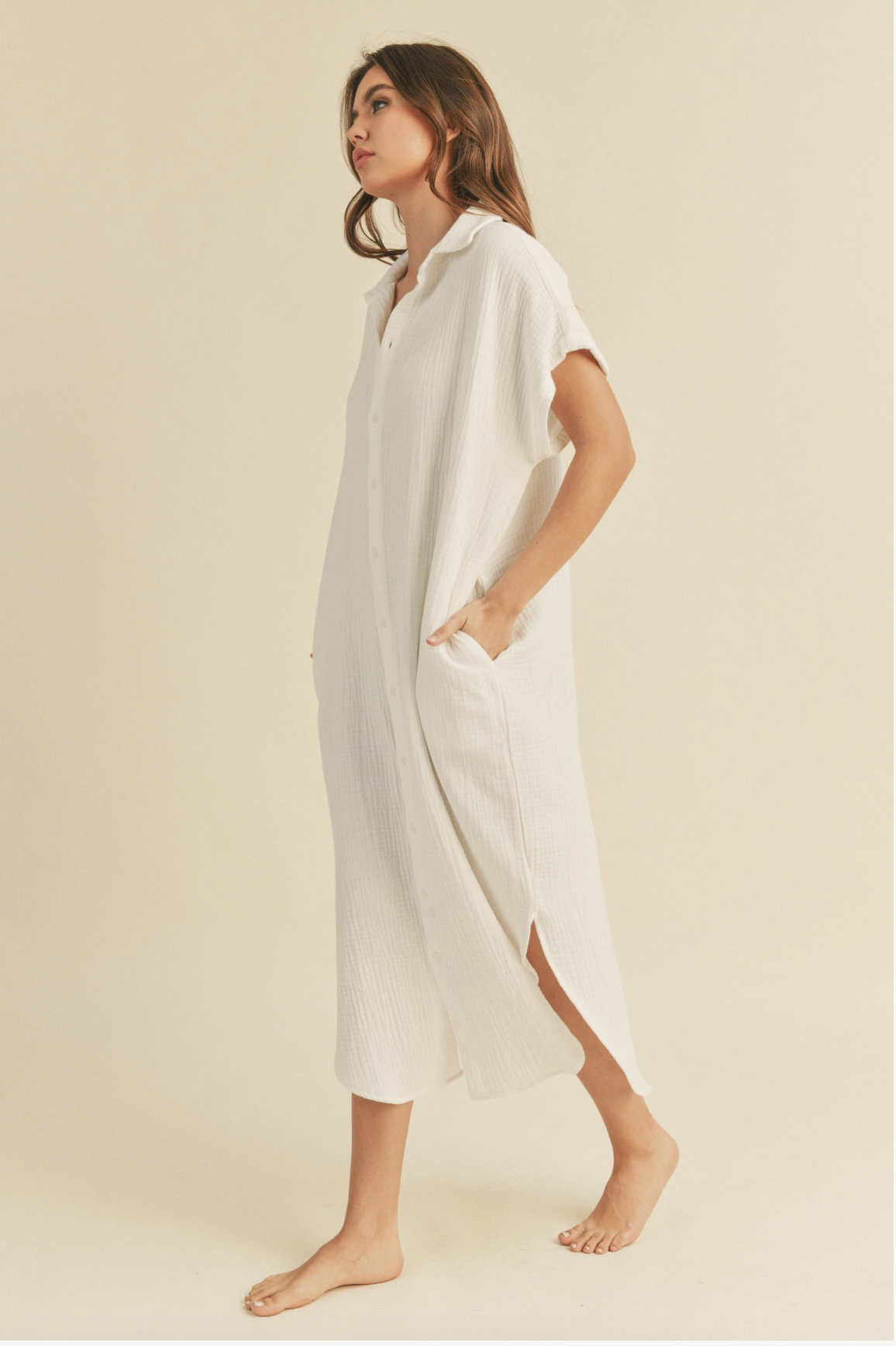GAUZE LONG BUTTON DOWN SHIRT DRESS