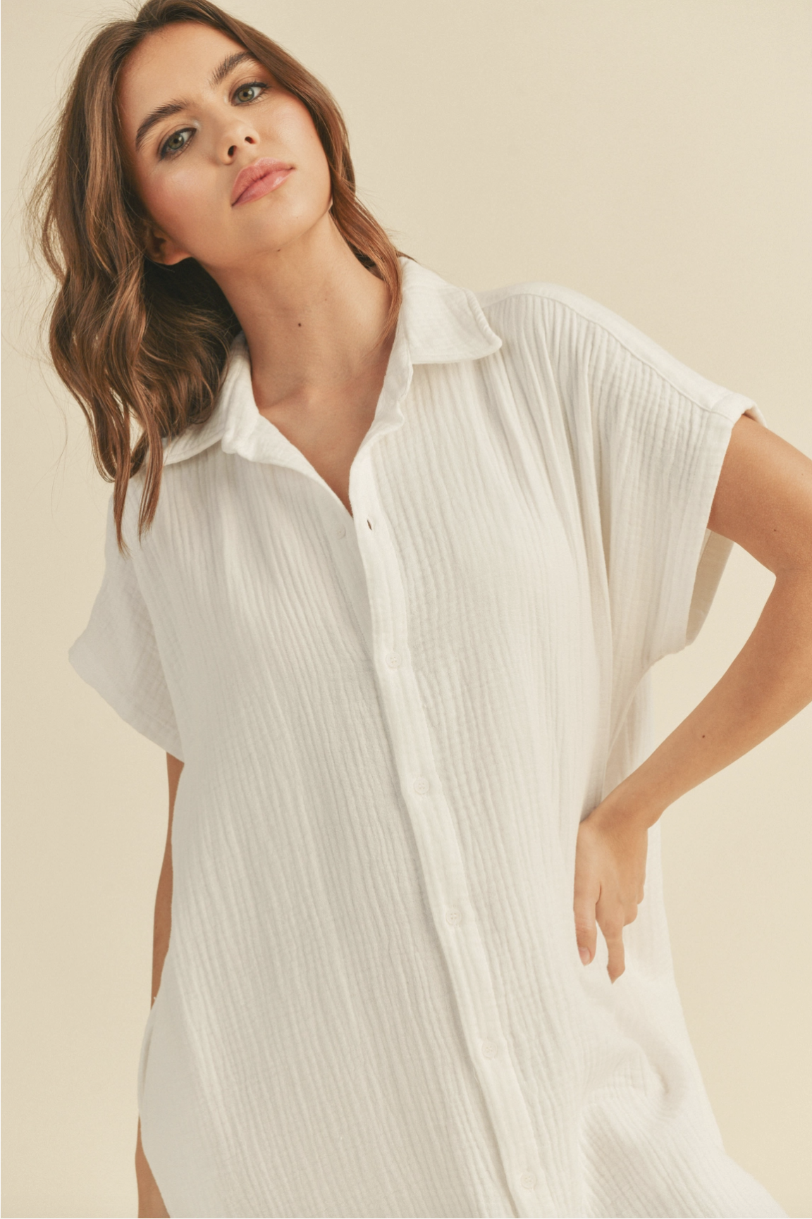 GAUZE LONG BUTTON DOWN SHIRT DRESS