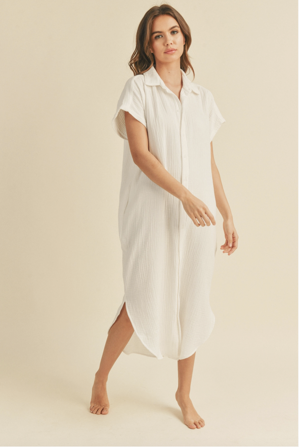 GAUZE LONG BUTTON DOWN SHIRT DRESS