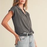 BUTTON DOWN CAP SLEEVE SHIRT