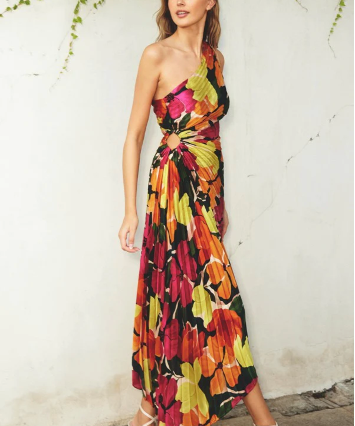 FLORAL ASYMMETRICAL PLEATED MIDI DRESS