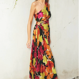 FLORAL ASYMMETRICAL PLEATED MIDI DRESS