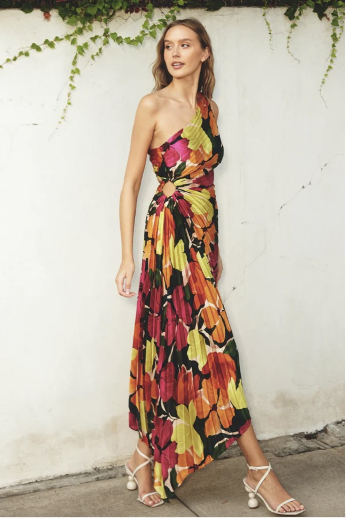FLORAL ASYMMETRICAL PLEATED MIDI DRESS