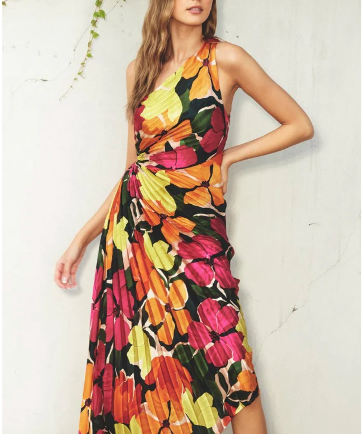 FLORAL ASYMMETRICAL PLEATED MIDI DRESS