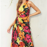 FLORAL ASYMMETRICAL PLEATED MIDI DRESS