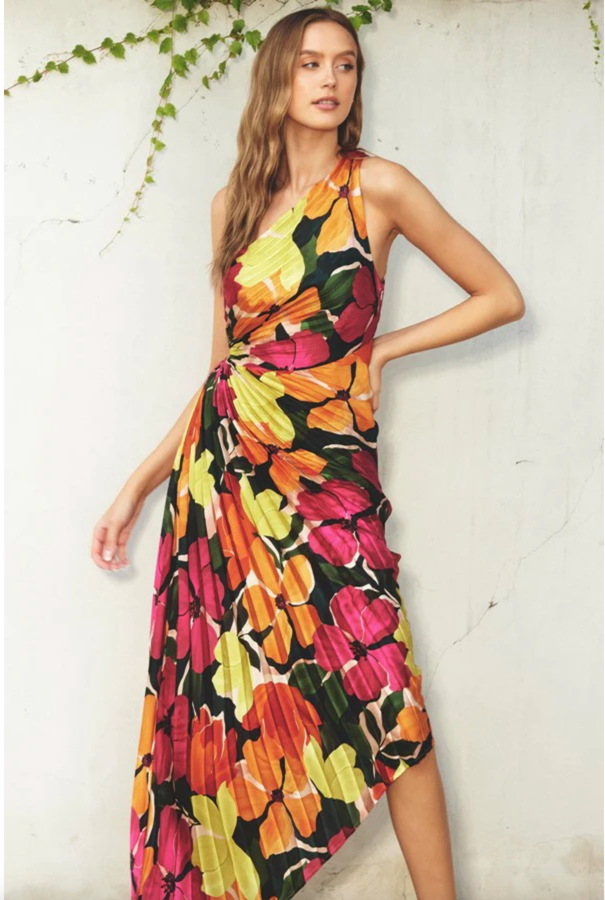 FLORAL ASYMMETRICAL PLEATED MIDI DRESS