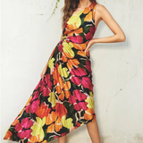 FLORAL ASYMMETRICAL PLEATED MIDI DRESS