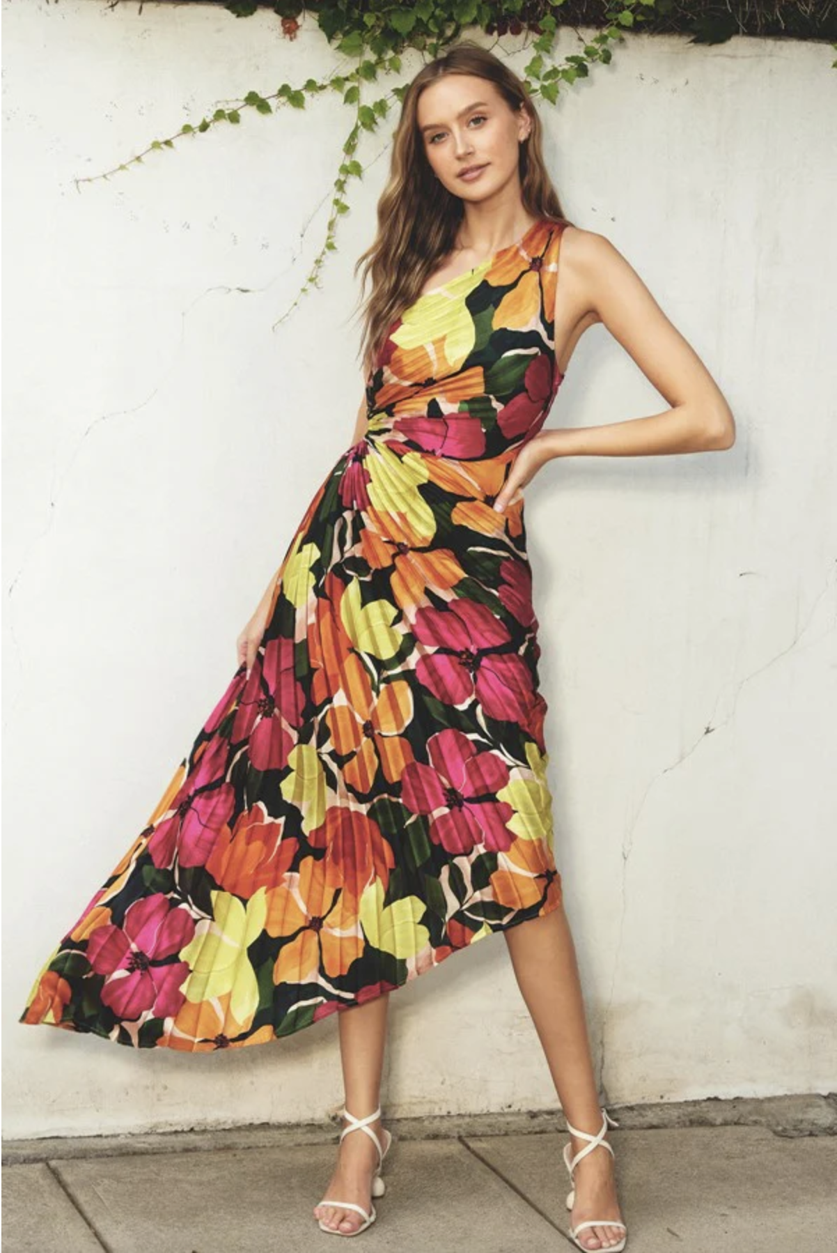 FLORAL ASYMMETRICAL PLEATED MIDI DRESS