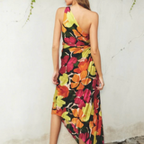 FLORAL ASYMMETRICAL PLEATED MIDI DRESS