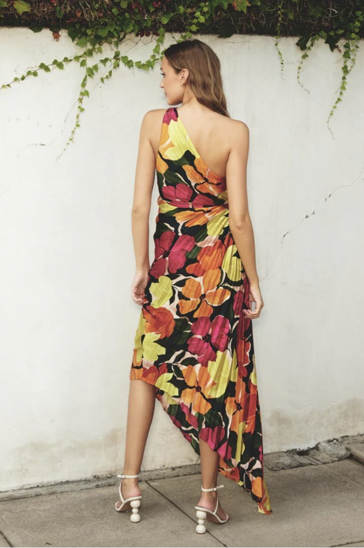 FLORAL ASYMMETRICAL PLEATED MIDI DRESS