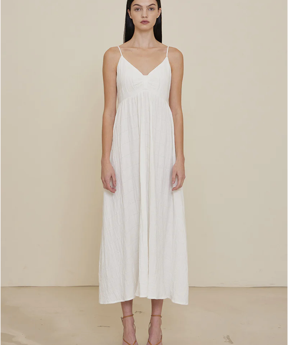 SPAGHETTI STRAP TEXTURE GAUZE MIDI DRESS