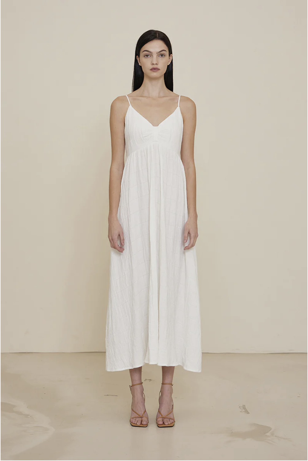 SPAGHETTI STRAP TEXTURE GAUZE MIDI DRESS