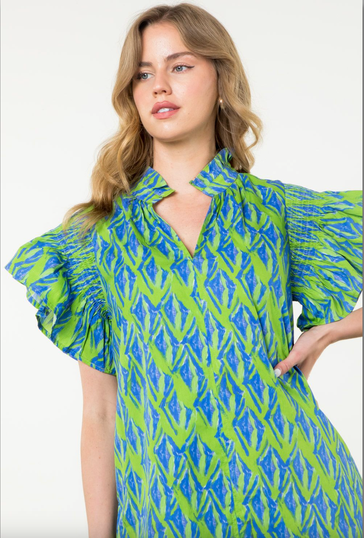 FLUTTER SLEEVE PRINT MIDI DRESS