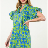 FLUTTER SLEEVE PRINT MIDI DRESS