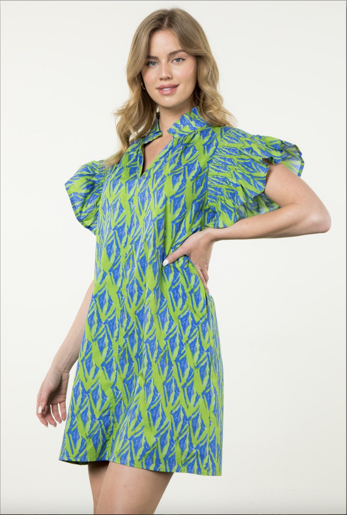 FLUTTER SLEEVE PRINT MIDI DRESS