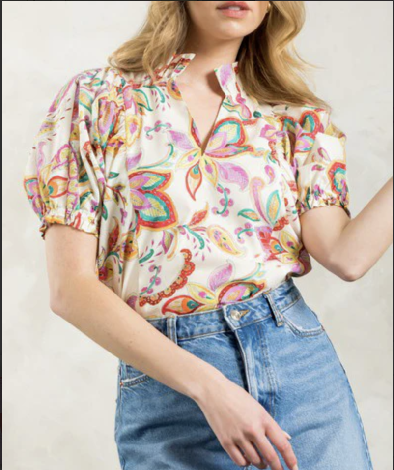 VNECK PUFF SLEEVE FLOWER  PRINT TOP