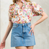 VNECK PUFF SLEEVE FLOWER  PRINT TOP