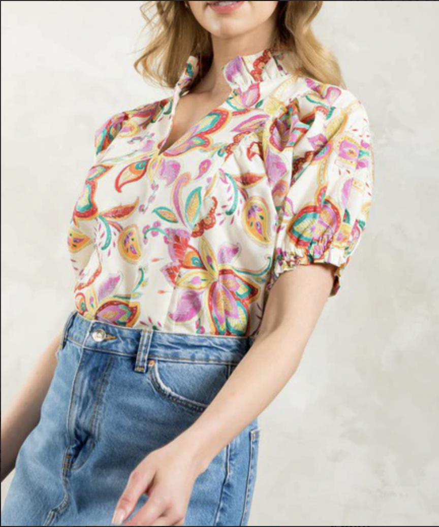 VNECK PUFF SLEEVE FLOWER  PRINT TOP