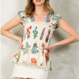 SMOCKED DETAIL FLOWER PRINT TOP