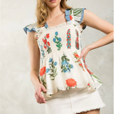 SMOCKED DETAIL FLOWER PRINT TOP