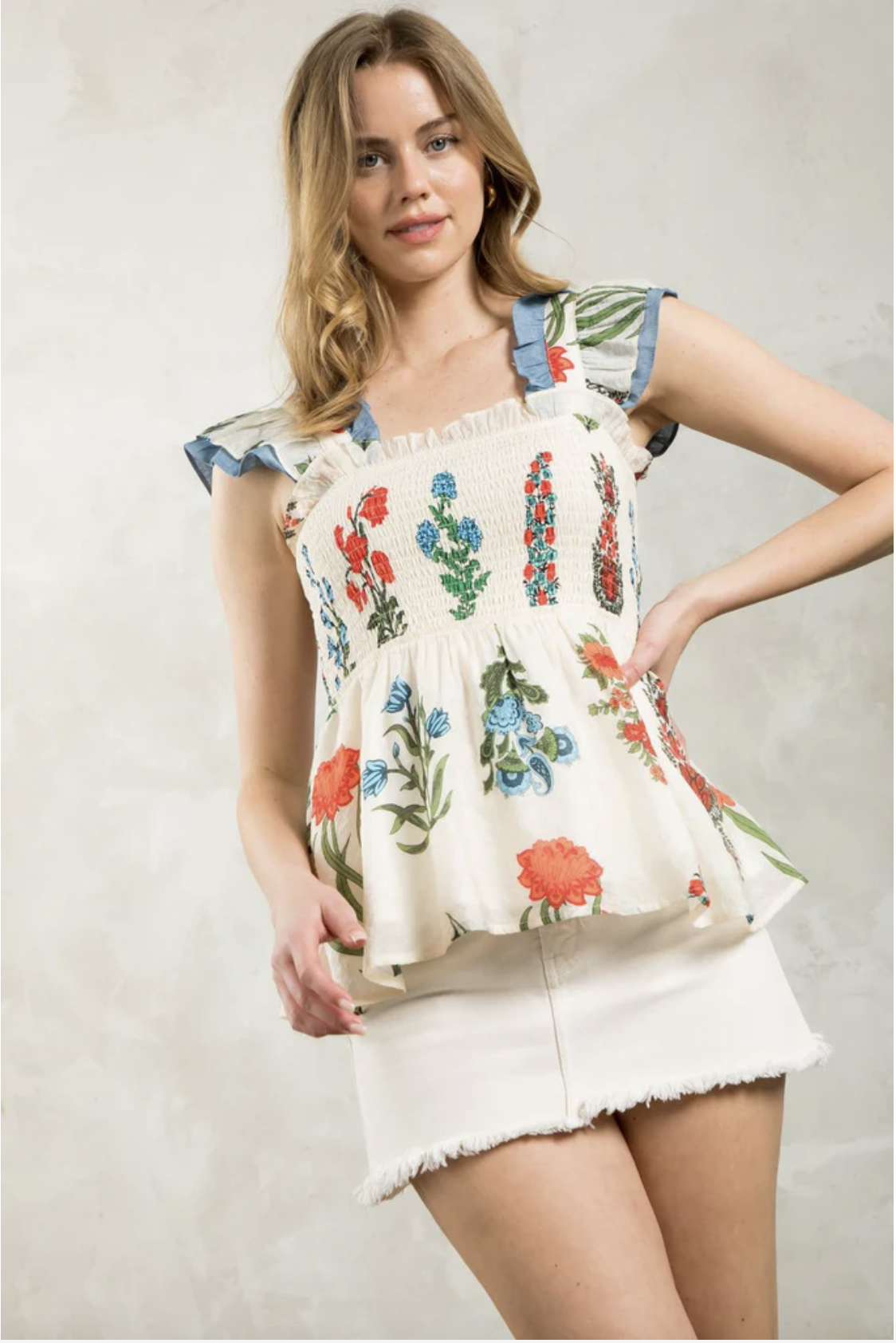 SMOCKED DETAIL FLOWER PRINT TOP
