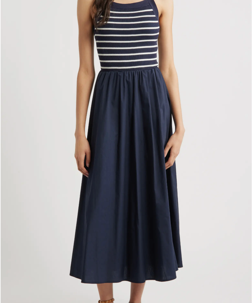 MIXED MEDIA SLVLESS MIDI DRESS