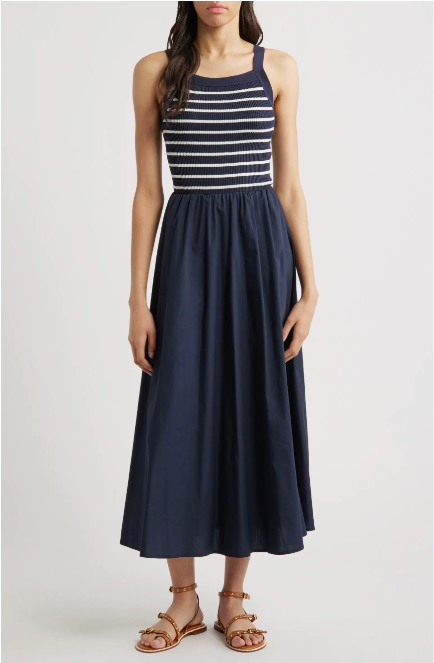 MIXED MEDIA SLVLESS MIDI DRESS