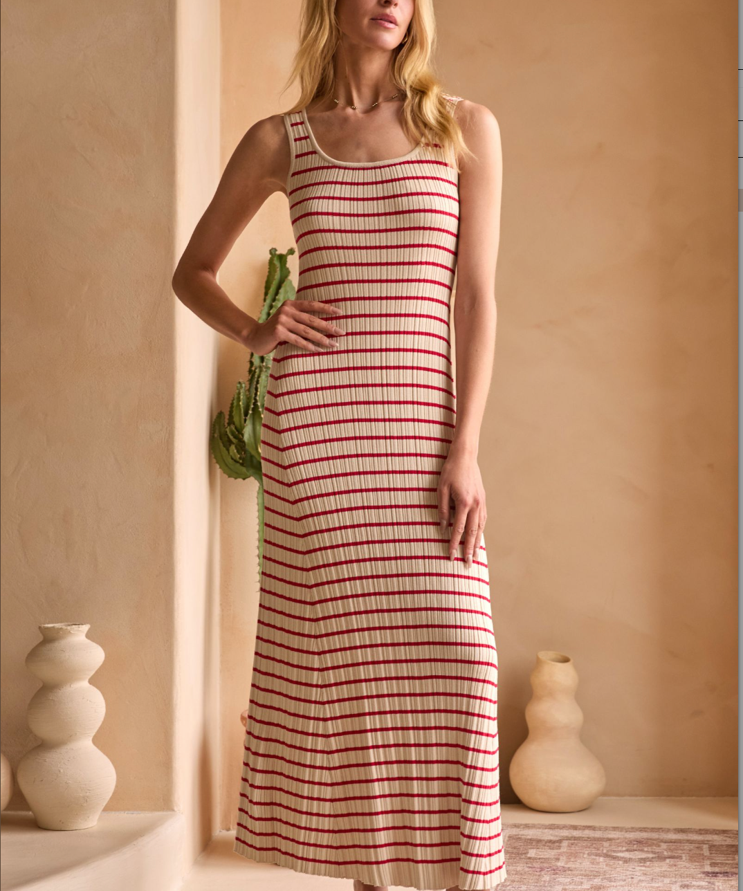STRIPED SLVLESS RIB KNIT DRESS