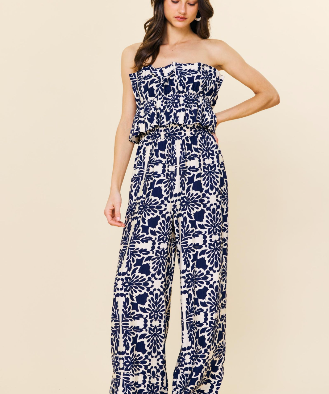 PRINTED STRAPLESS JUMPSUIT