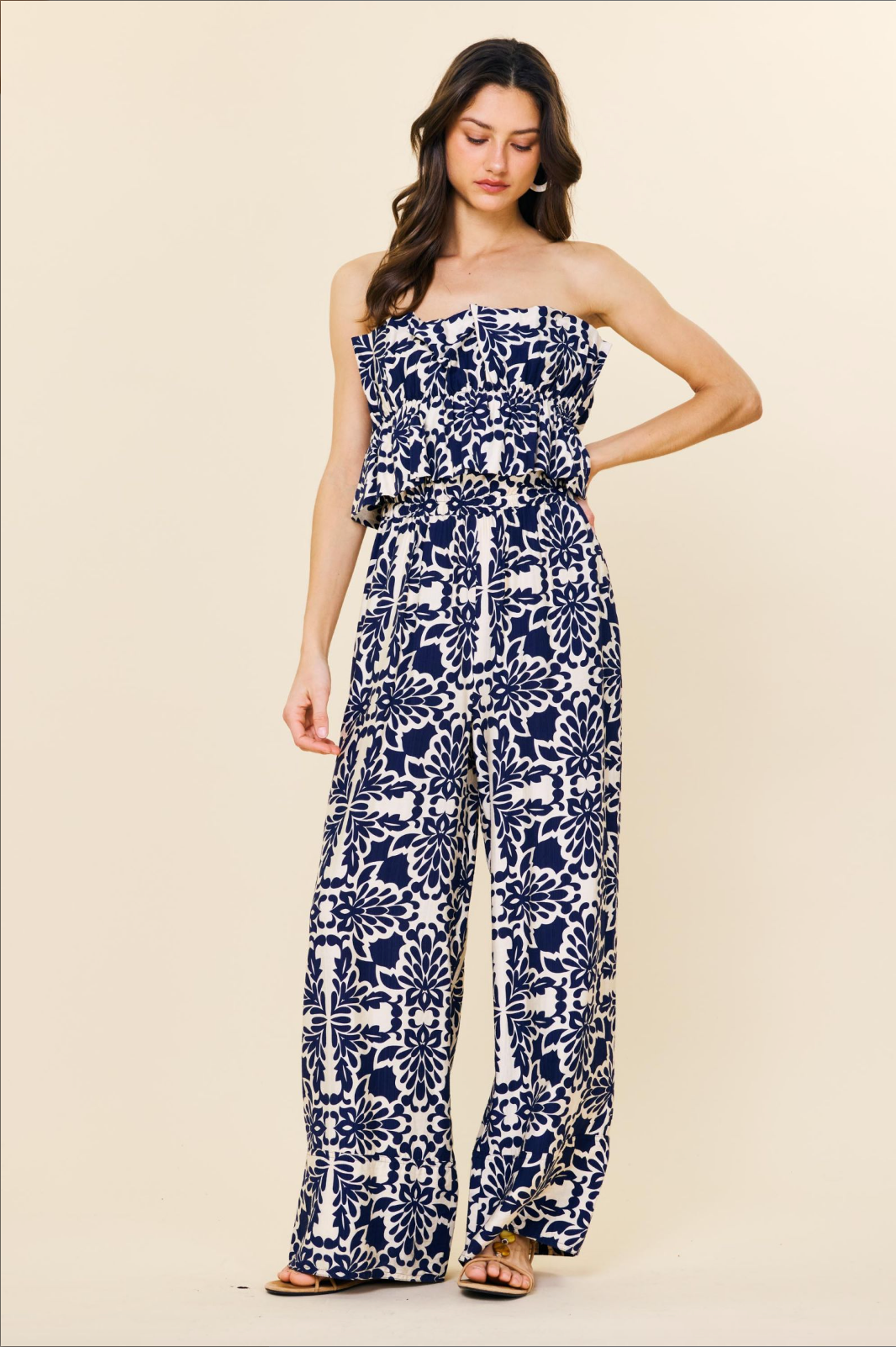 PRINTED STRAPLESS JUMPSUIT