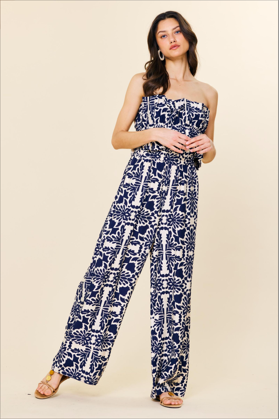 PRINTED STRAPLESS JUMPSUIT