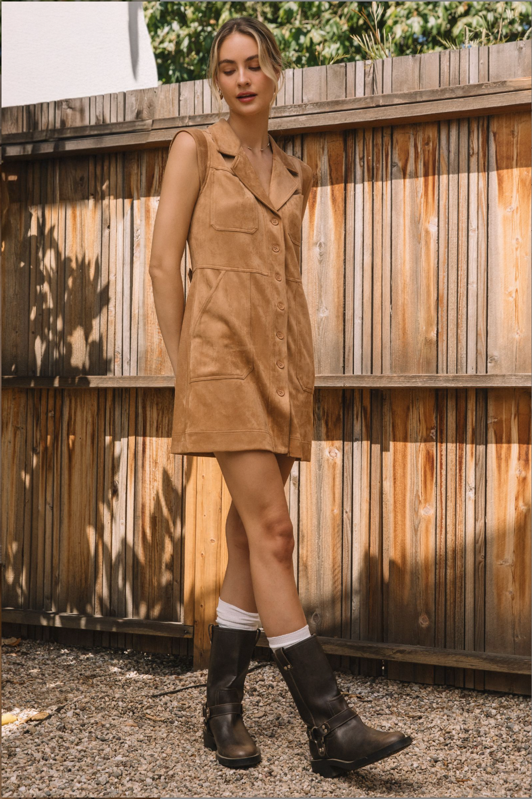 SLVLS BUTTONED FAUX SUEDE MINI DRESS