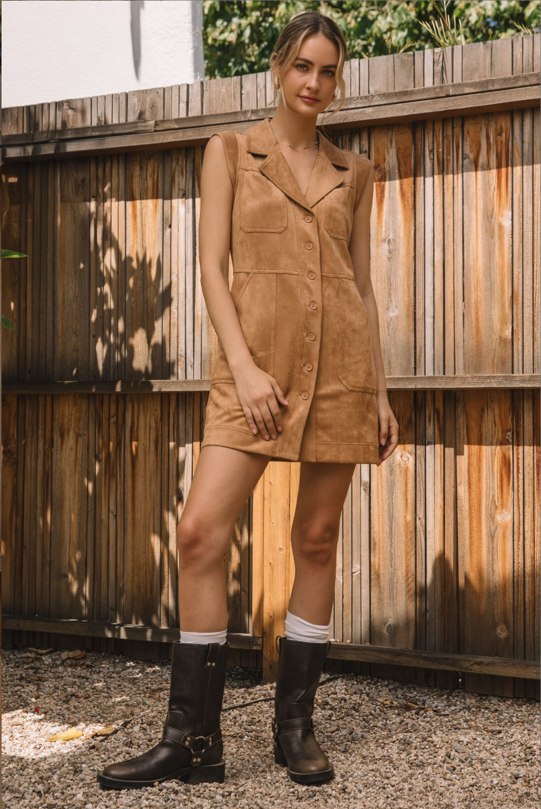 SLVLS BUTTONED FAUX SUEDE MINI DRESS