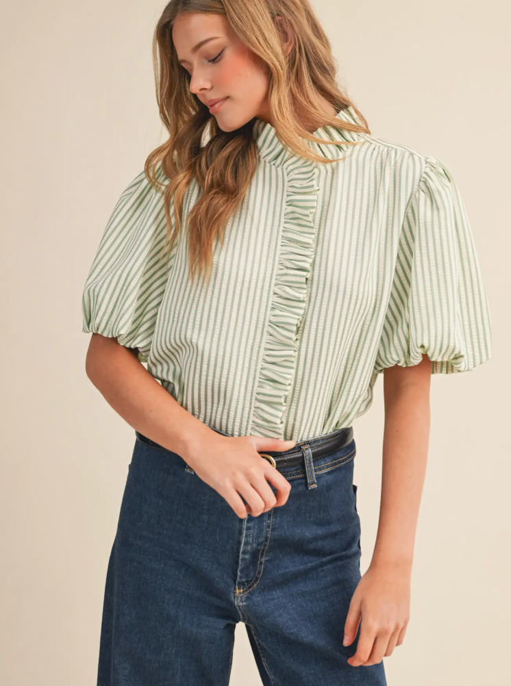 STRIPE RUFFLE NECK TOP
