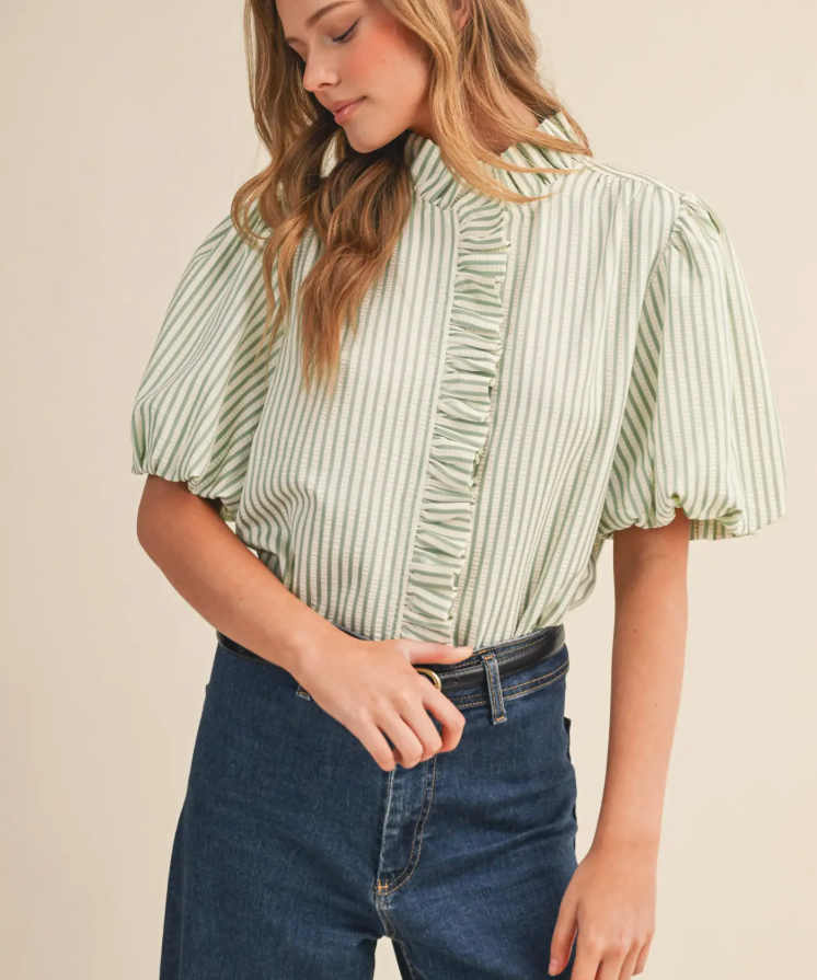 STRIPE RUFFLE NECK TOP