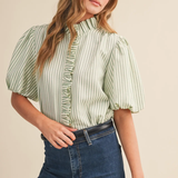 STRIPE RUFFLE NECK TOP