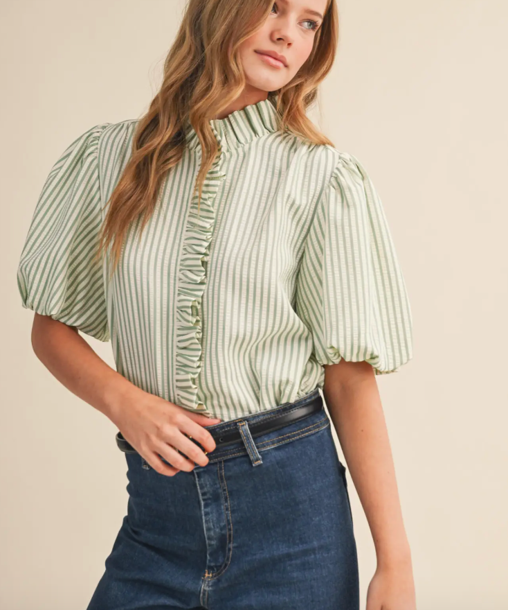 STRIPE RUFFLE NECK TOP