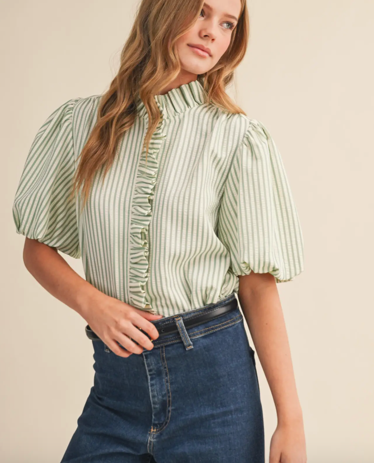 STRIPE RUFFLE NECK TOP