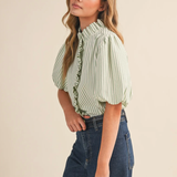 STRIPE RUFFLE NECK TOP