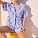 CHAMBRAY CINCHED WAIST BLOUSE