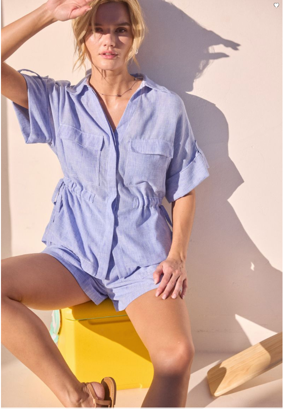 CHAMBRAY CINCHED WAIST BLOUSE