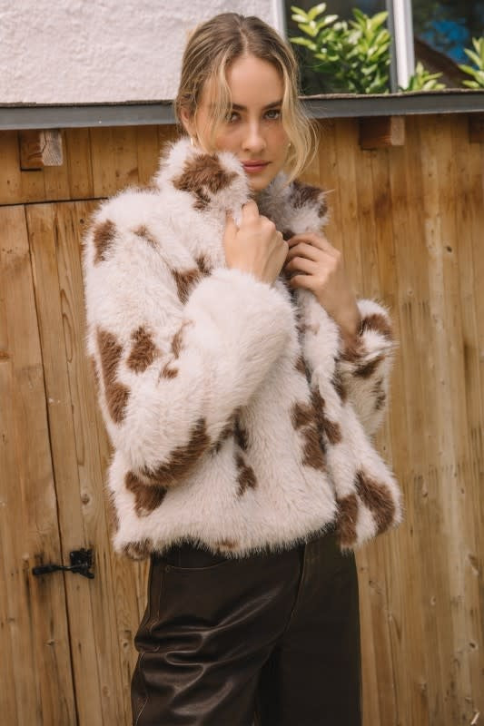 COW PRINT FAUX FUR JACKET