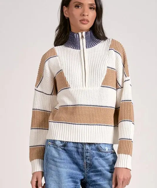 HALF ZIP CABLE STRIPE DETAIL SWEATER