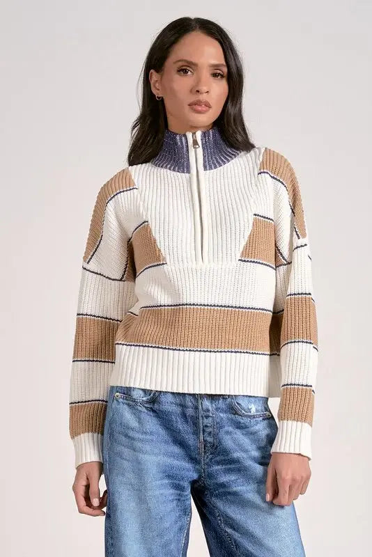 HALF ZIP CABLE STRIPE DETAIL SWEATER